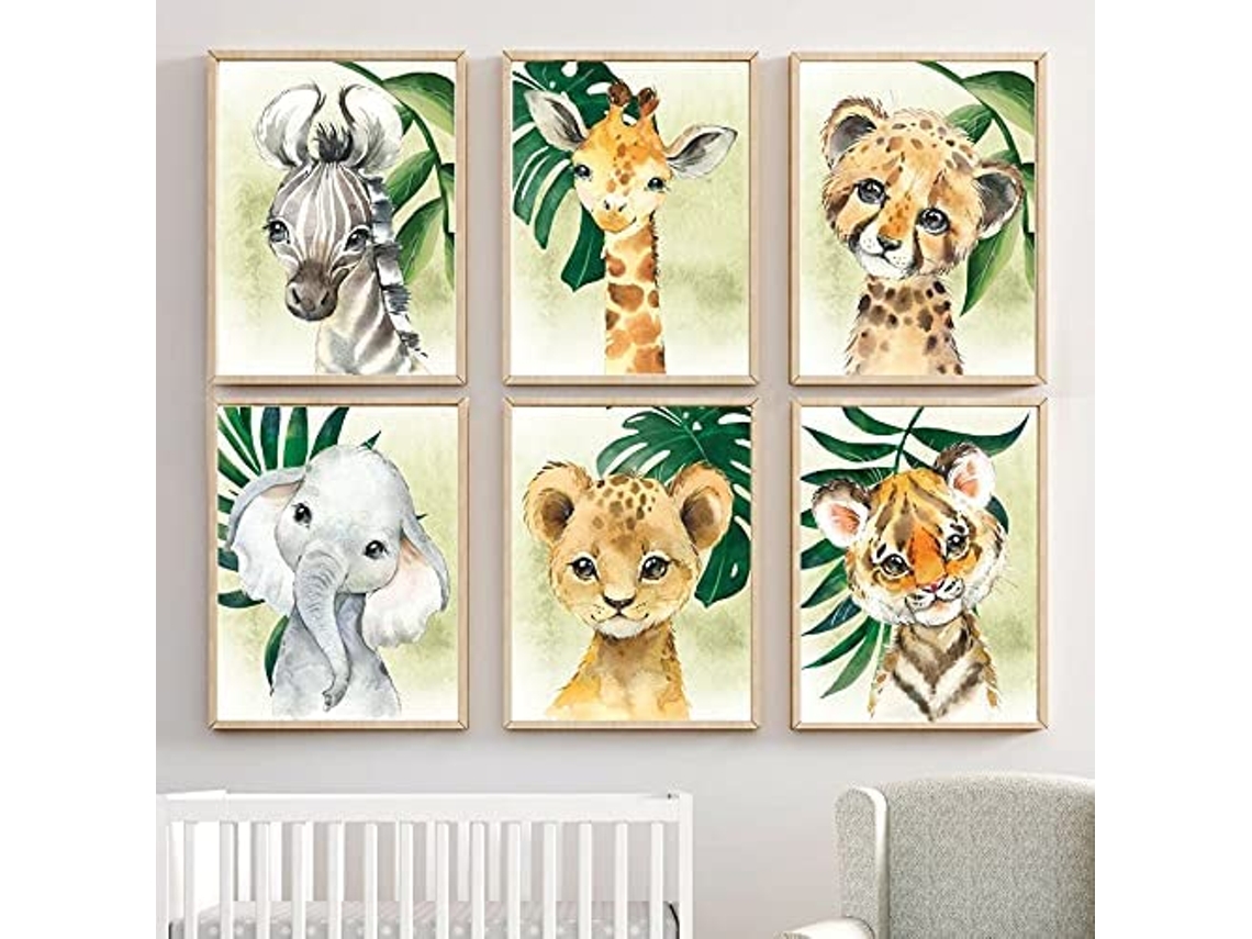 KOFIHETY Lindas Impressões De Arte Em Aquarela, Estilo Artístico Único Arte De Parede Com Tema De Safári De Animais Bebês, Com 6 Criaturas Adoráveis Em Cores