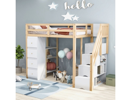 Cama Infantil Alta Gaveta Armazenamento Prateleiras Escada Gutent Madeira Bege (90x200cm)