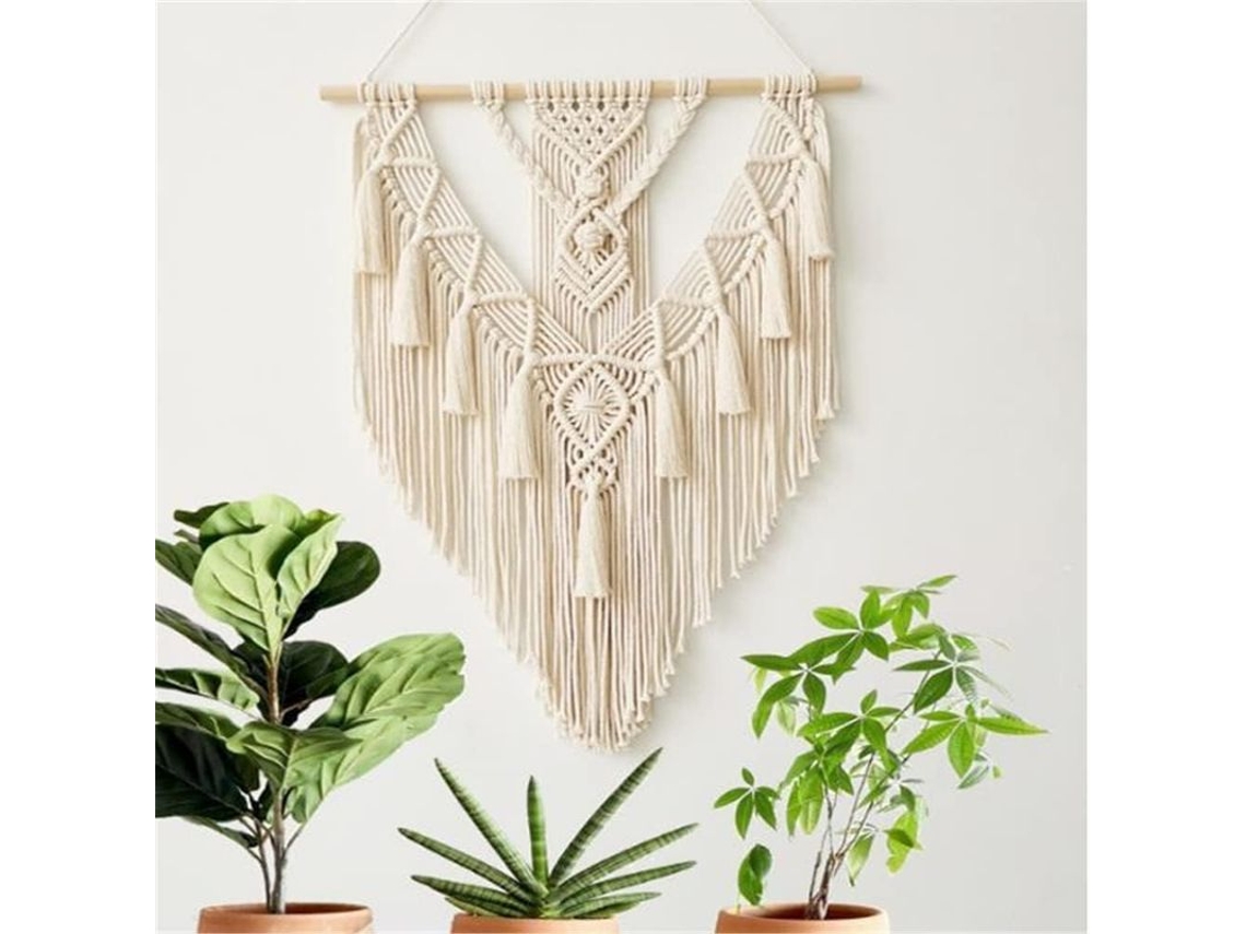 Tapete de Macramê em Algodão, Tecido à Mão, com Pompons, Decoração Artesanal para Quarto, Sala, Apartamento