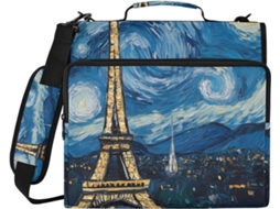 Noite Estrelada Azul Pasta Resistente À Água Com Estampa Da Torre Eiffel, Fecho De 3 Argolas E Compartimento Laptop