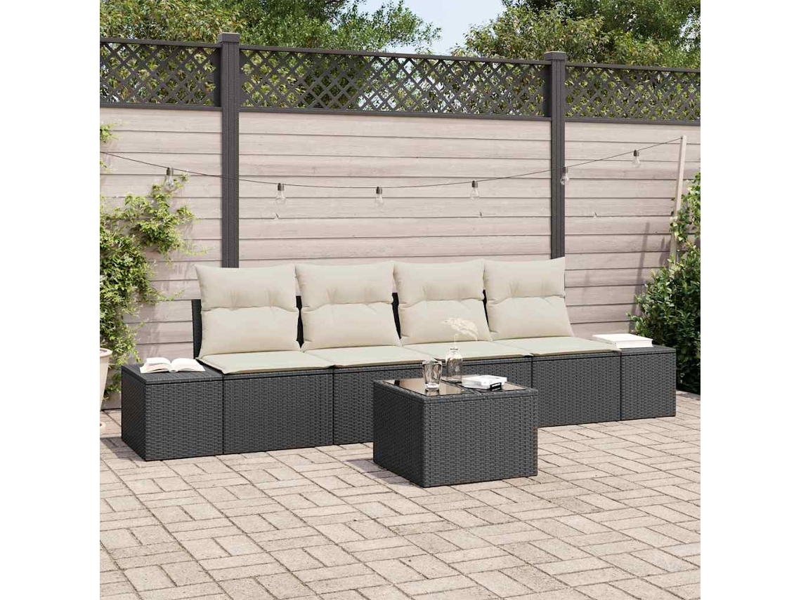 Vidaxl Conjunto De Sofás Com Almofada 5 Pcs Preto E Creme Vime Pe