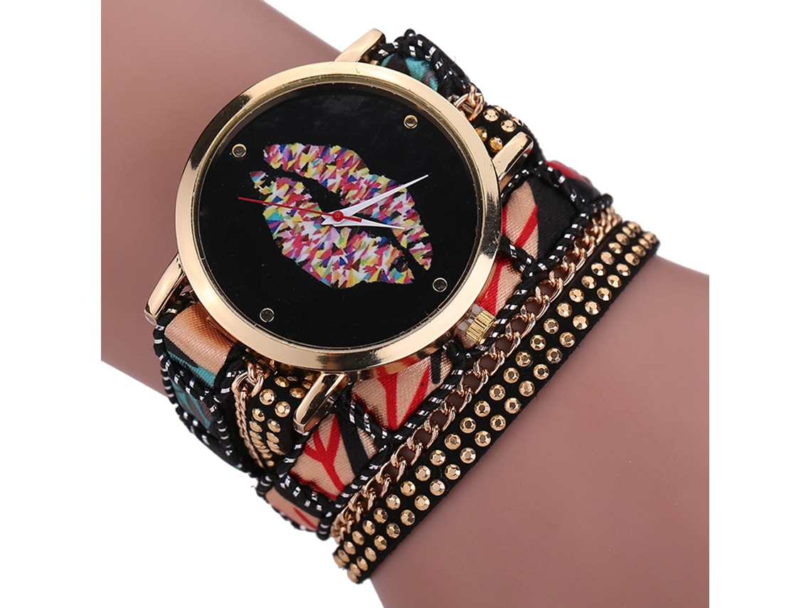 Relógio de Pulso Feminino Estilo Étnico de Múltiplas Camadas com Pulseira Preto Quartzo