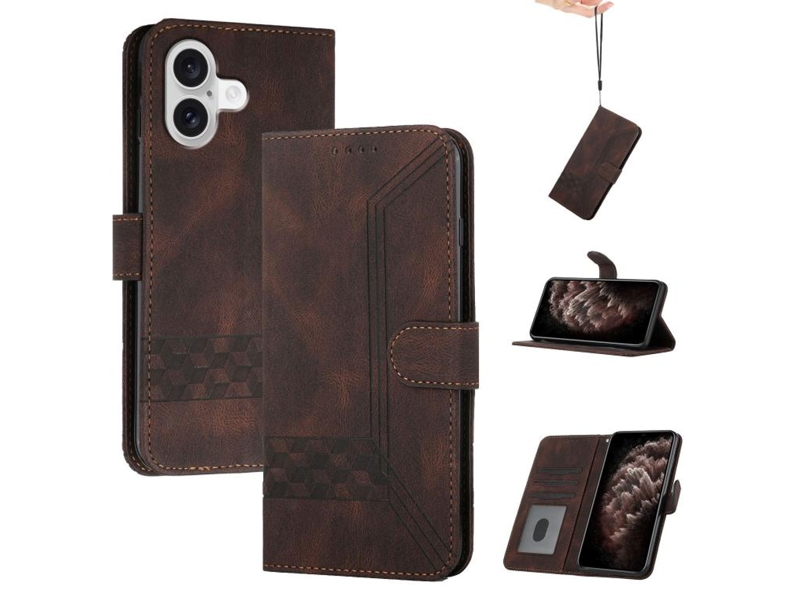Capa Para Iphone 17 Em Couro Com Textura Cúbica E Função Flip.