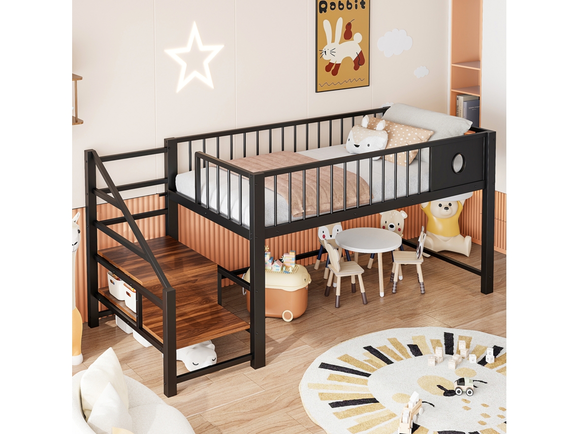 Cama Baixa Metal Preta 90x200 Com Escada E Arrumação Embutida
