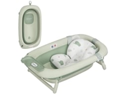Banheira Dobrável para Bebê 0 3 Anos, Prateleiras e Toalha, Furos de Drenagem, Fundo Antiderrapante, Pp, Poliéster e Tpe, 86x53x25,5cm, Verde