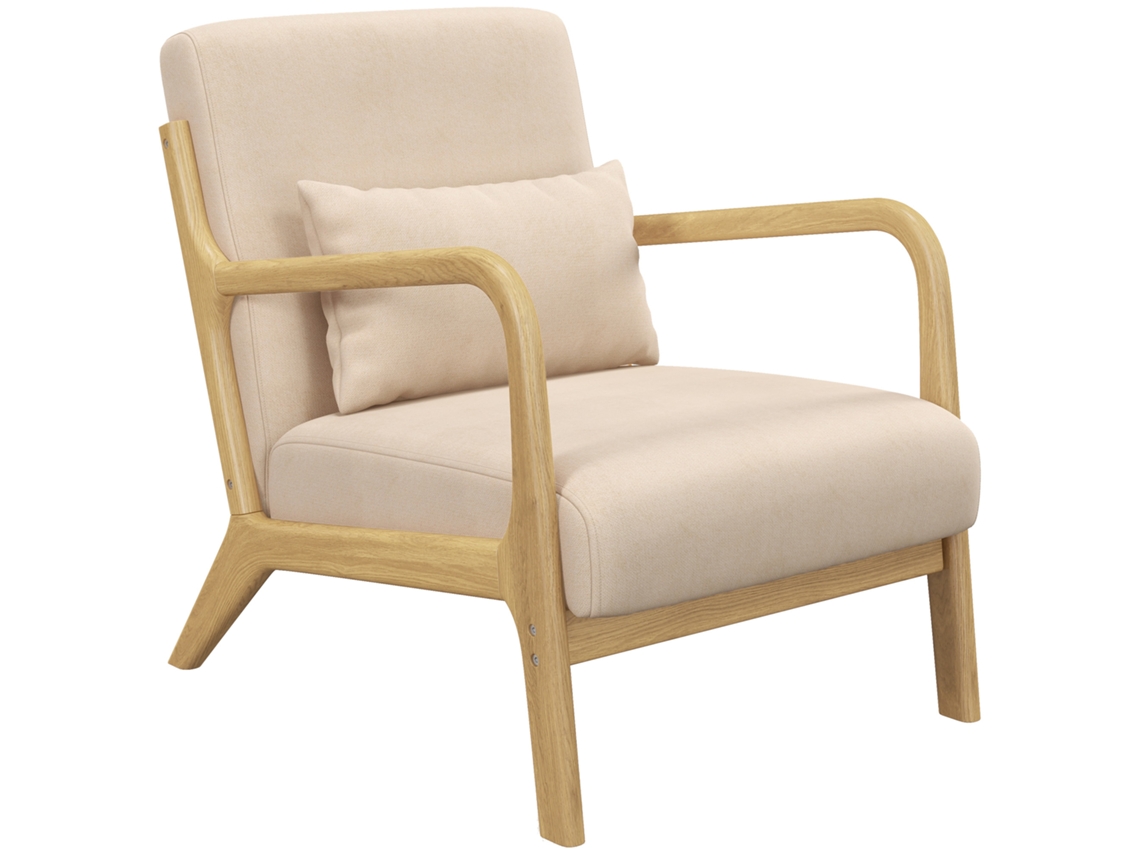 Poltrona Nórdica Acolchoada Bege com Braços e Estrutura em Madeira de Borracha 61x78x76cm S/MARCA