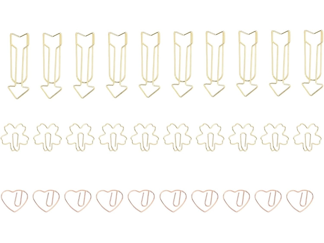 Conjunto genérico com 30 clipes de papel em formato de coração e flecha, ideal para organização de arquivos fora da mesa.