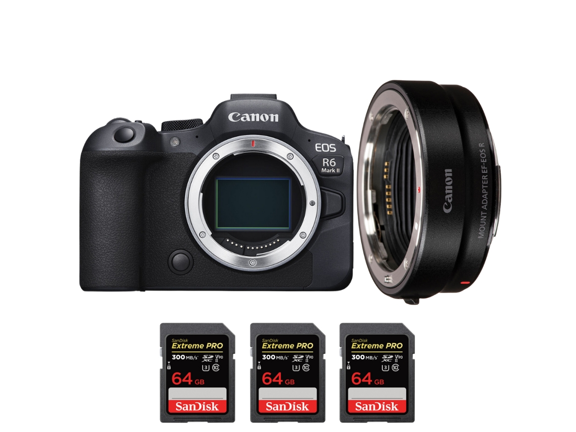Eos R6 Mark Ii + Ef eos R + 3 Sandisk 64gb Uhs ii 300mb/s Máquina Fotográfica Híbrida + Ebook “20 Dicas para Fotos Que Impressionam” CANON