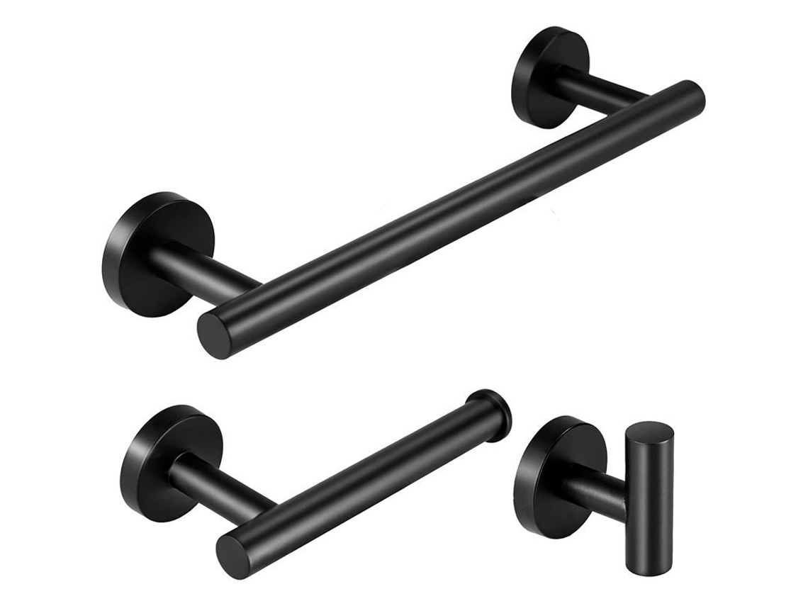 Kit de Acessórios de Banheiro Nova Line, Aço Inoxidável 304, Preto Mate, com Barra de Toalha 30cm