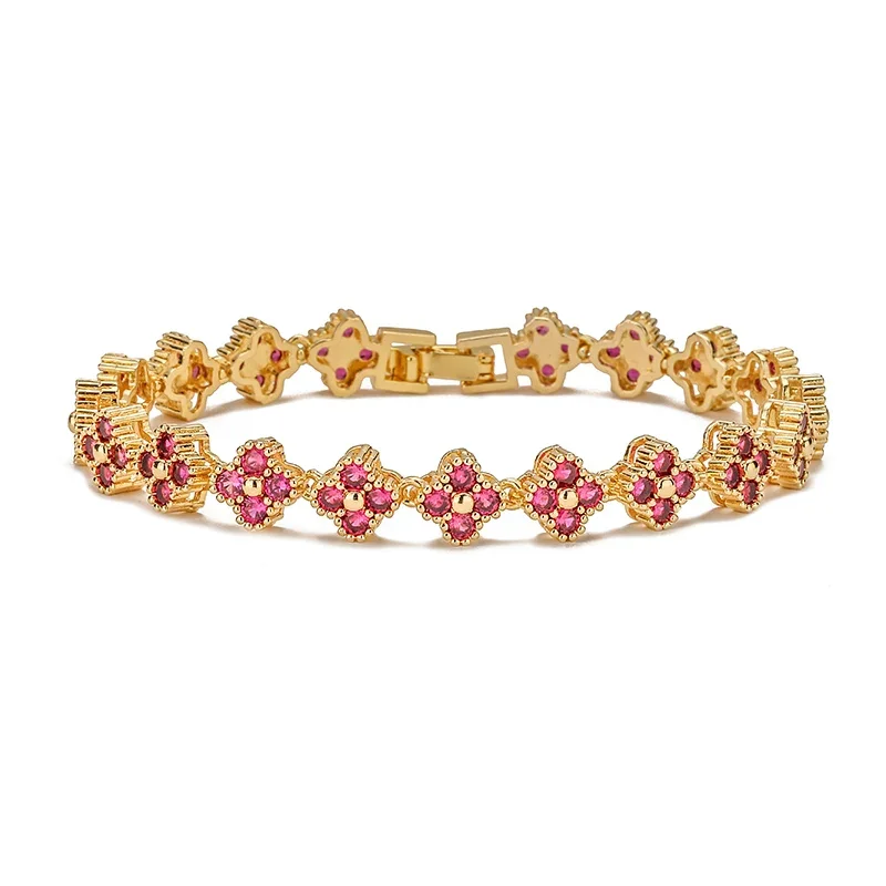 Pulseira De Zircônia Com Trevo De Quatro Folhas (rosa Dourada), Um Presente Auspicioso De Amizade Com Cristais Coloridos.