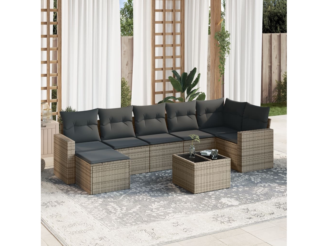 Vidaxl 8 Pcs Conjunto Sofás De Jardim C/ Almofadões Vime Pe Cinzento