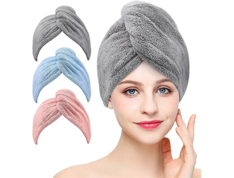 Pacote Com 3 Toalhas De Microfibra Superabsorventes Com Botões Para Cabelos Secos (cinza, Rosa, Azul)