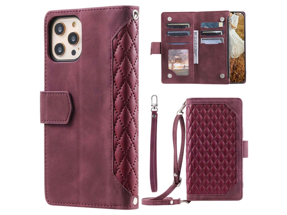 Capa Quedas Pega Para Iphone 12 Pele Sintética Com Porta-cartões Vermelho