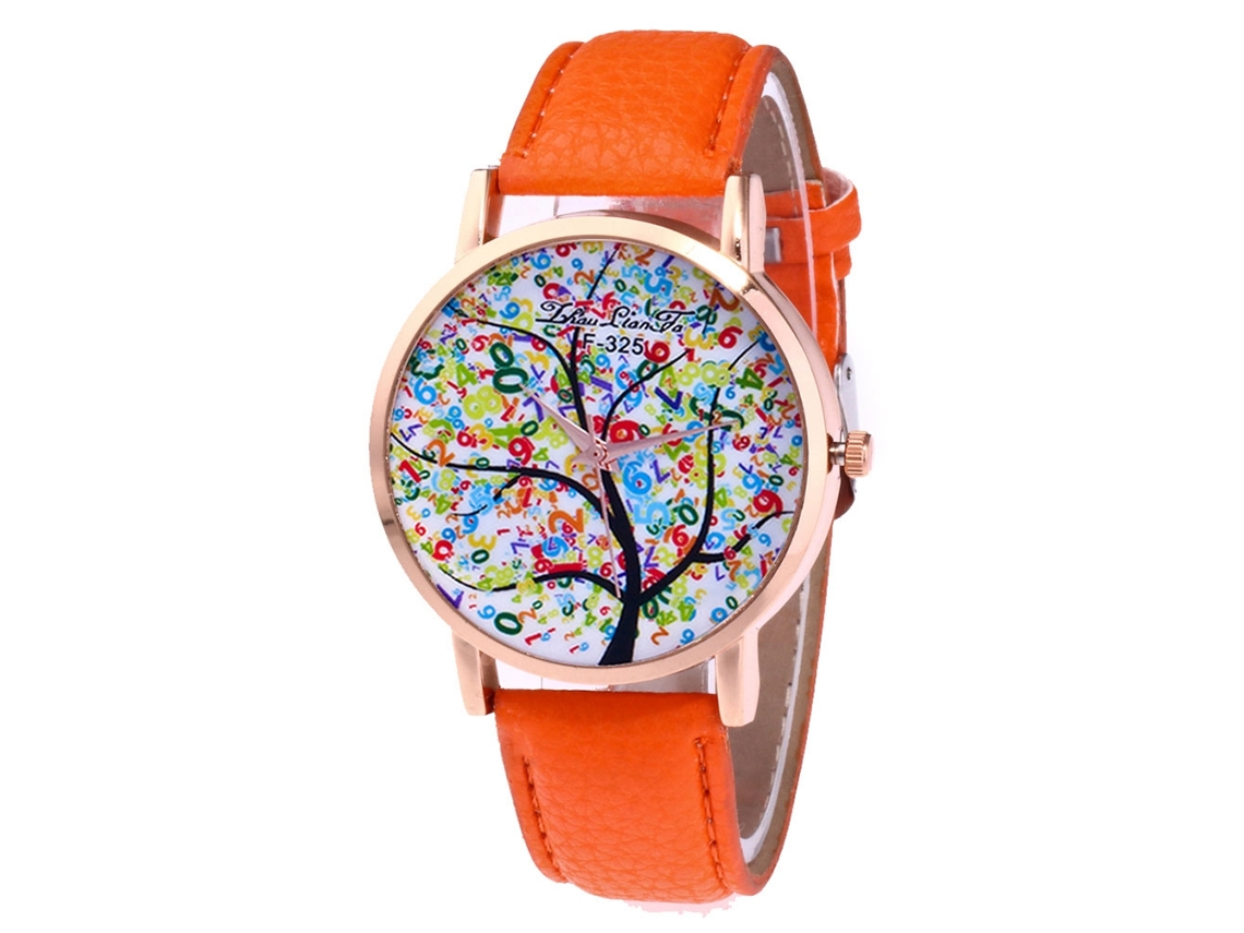 Relógio de pulso de quartzo com pulseira de couro para mulheres e homens (laranja)