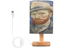 Luminária De Cabeceira Led Noite Estrelada Van Gogh, Luminária De Leitura Com Cúpula Tecido, Base De Madeira E Porta Usb