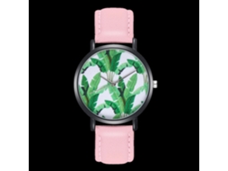 Relógio de quartzo unissex Zhoulianfa para casais, com pulseira de PU e detalhe de folha rosa e verde.