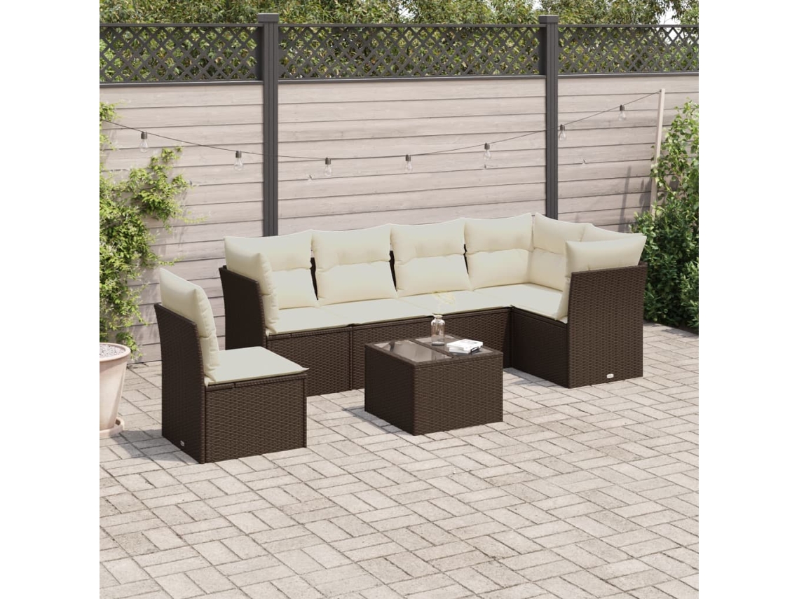 Vidaxl 7 Pcs Conjunto De Sofás Jardim C/ Almofadões Vime Pe Castanho