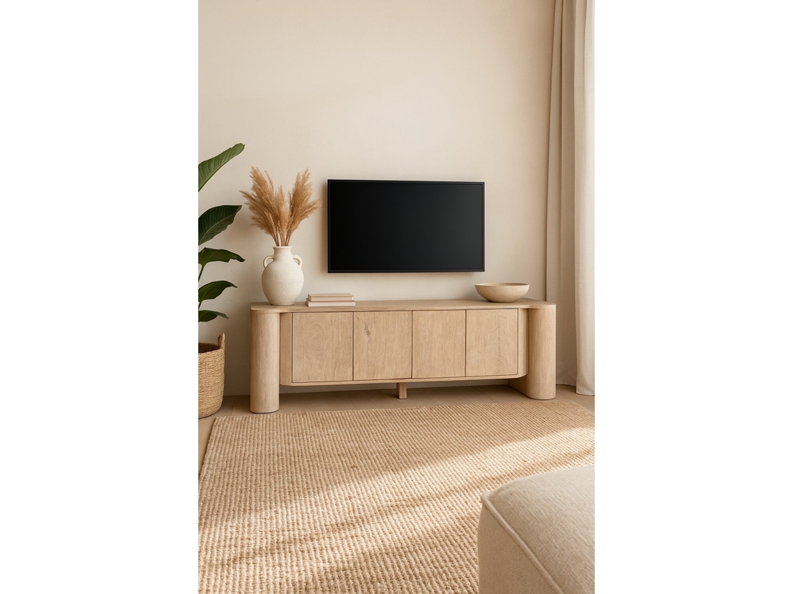 Suporte para TV em Madeira de Mangueira, com Acabamento Branco Lavado, 180x40x60cm ALEXANDRA HOUSE LIVING