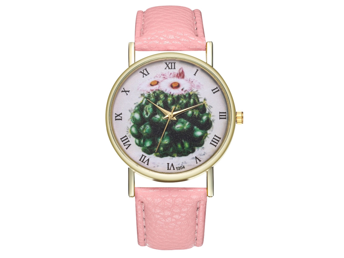 Relógio de quartzo com pulseira de couro PU, mostrador com desenho de cacto, unissex, rosa.