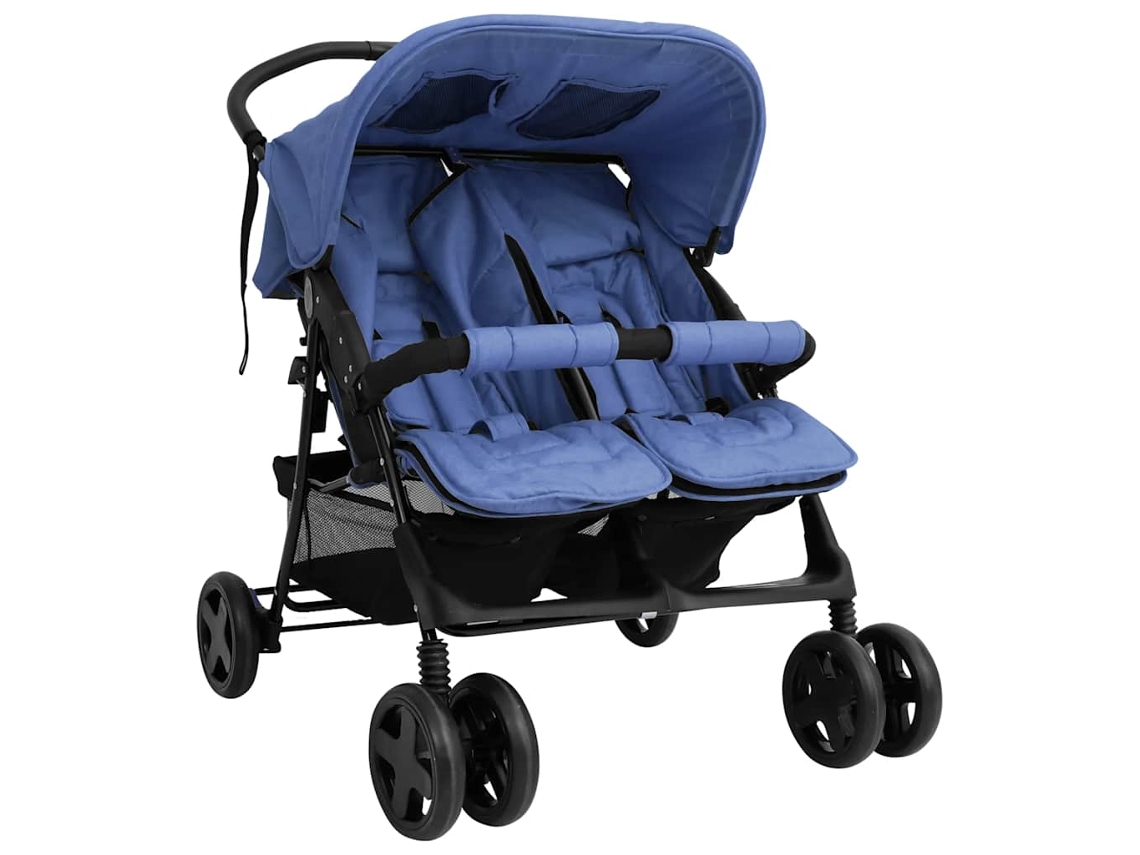 Vidaxl Carrinho De Bebés Para Gémeos Aço Azul-marinho