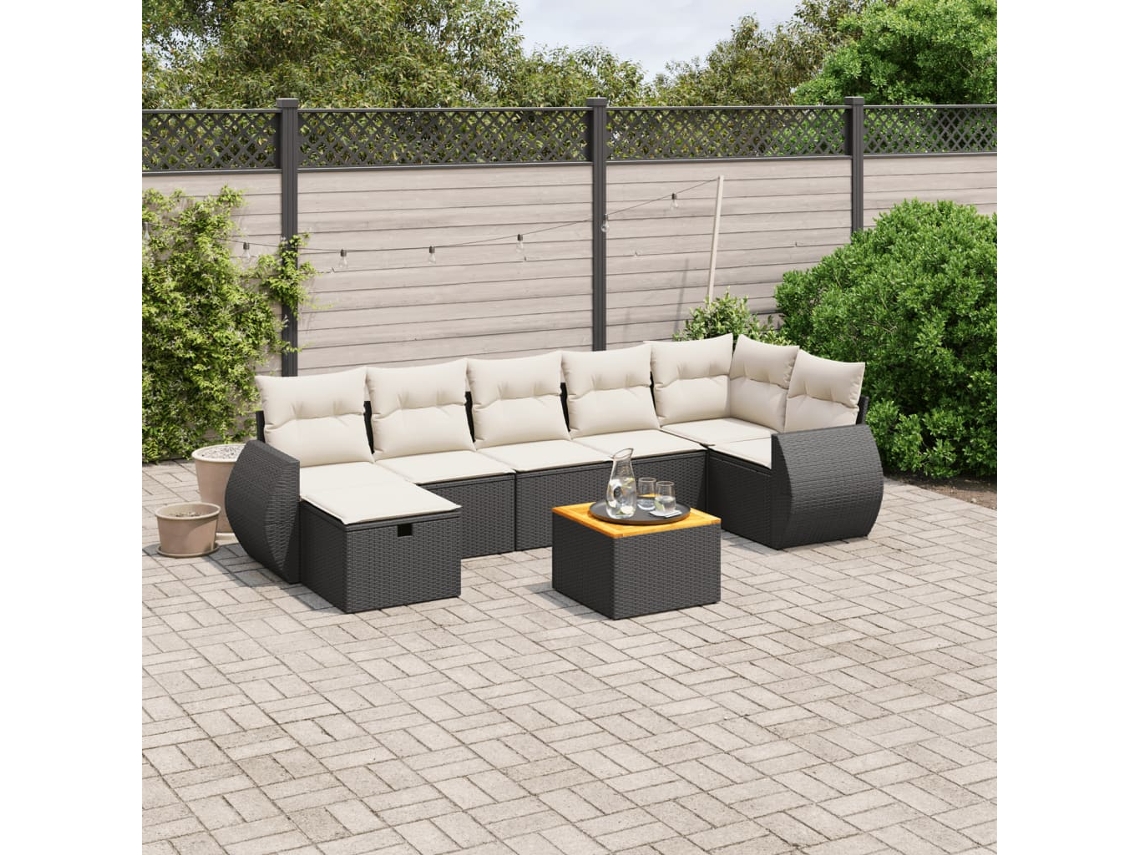 Vidaxl 8 Pcs Conjunto Sofás De Jardim Com Almofadões Vime Pe Preto