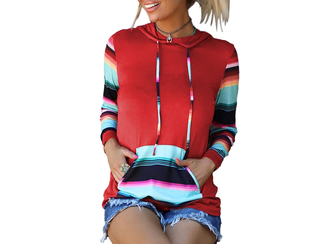 Sudadera Com Capuz Para Mulher Casual De Moda, Estampa De Xadrez E Listras, Contraste De Cores, Para Natal Vermelho L