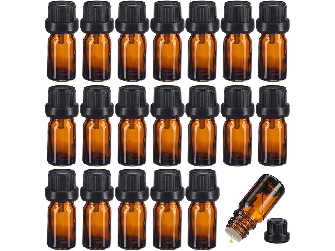Conjunto de 20 frascos de vidro âmbar de 5ml para óleos essenciais, herméticos.