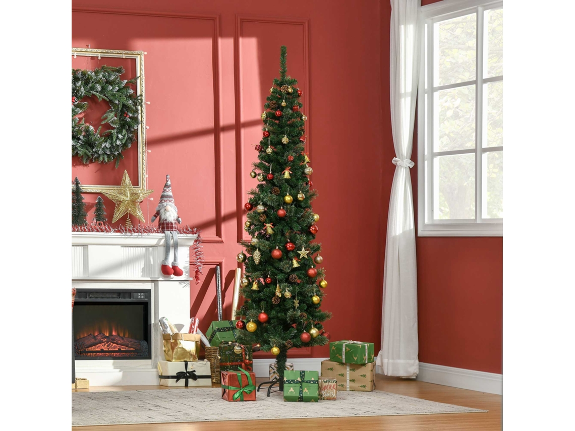 Árvore De Natal Artificial 195 Cm Arbusto Com 556 Ramos Slim E 25 Pinhas Base Dobrável Ø54x195 Cm Verde