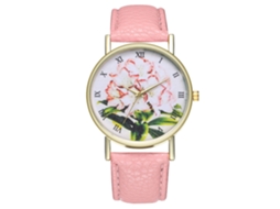 Relógio de pulso de quartzo elegante com pulseira de couro e estampa de plantas (rosa)