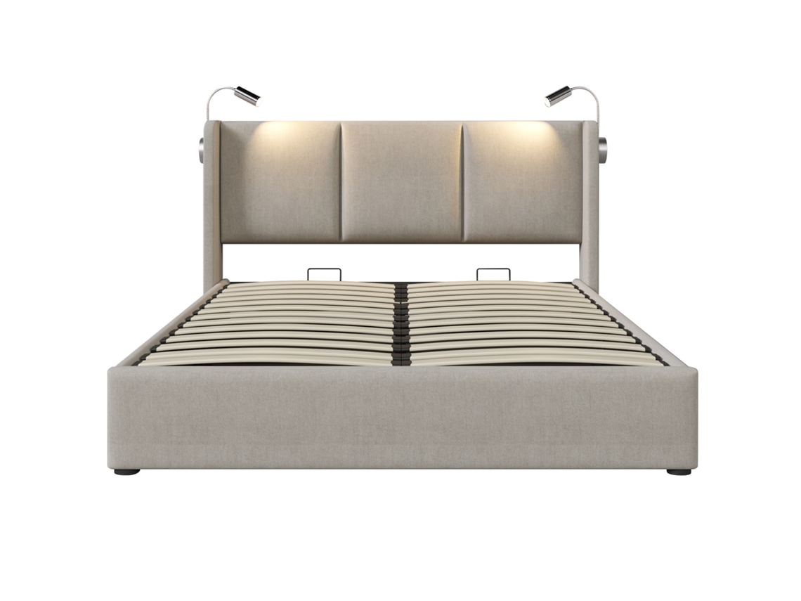 Cama de Casal Estofada PAPRIKA com Baú, Luz de Leitura Usb, estrutura em Linho, 160x200, para Quartos Juvenis