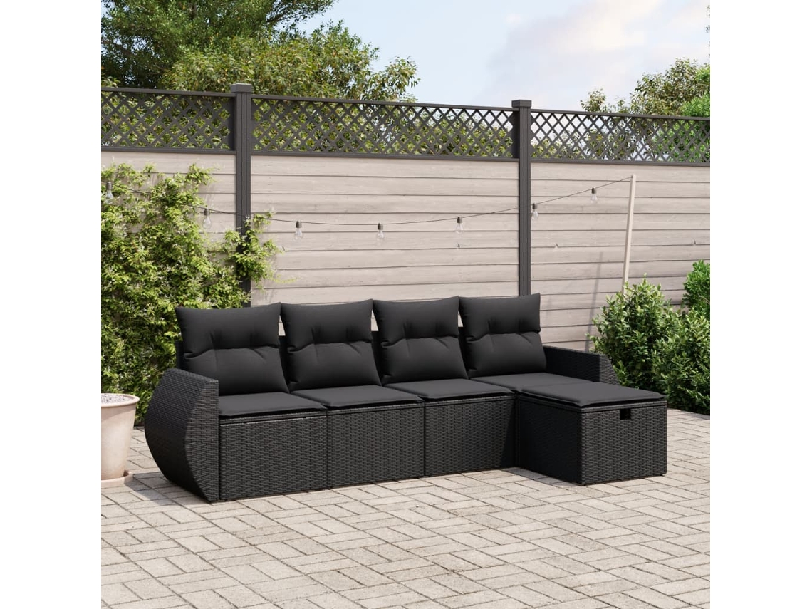5 Pcs Conjunto Sofás De Jardimconjuntos Relax Jardimconjunto De Jantar Com Almofadões Vime Pe Preto Cfw150467 Lovely Home