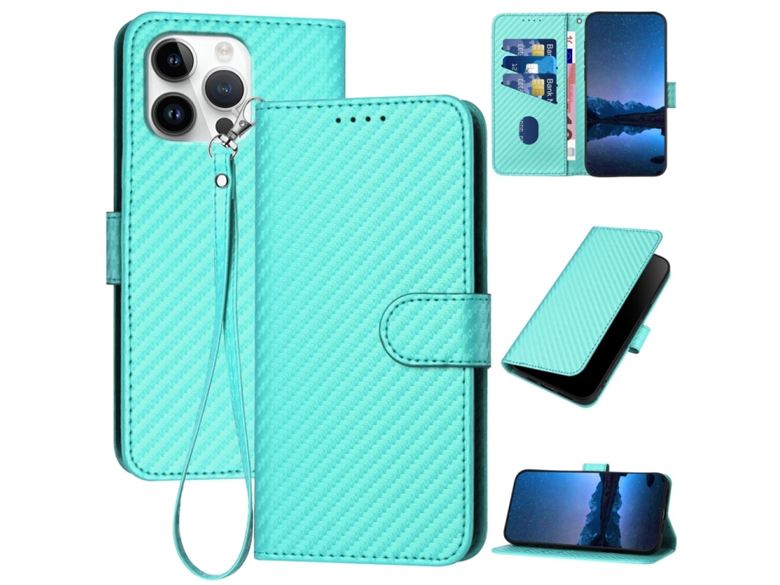 Capa De Couro Para Iphone 16 Pro Max - Fivela Em Fibra De Carbono - Com Cordão
