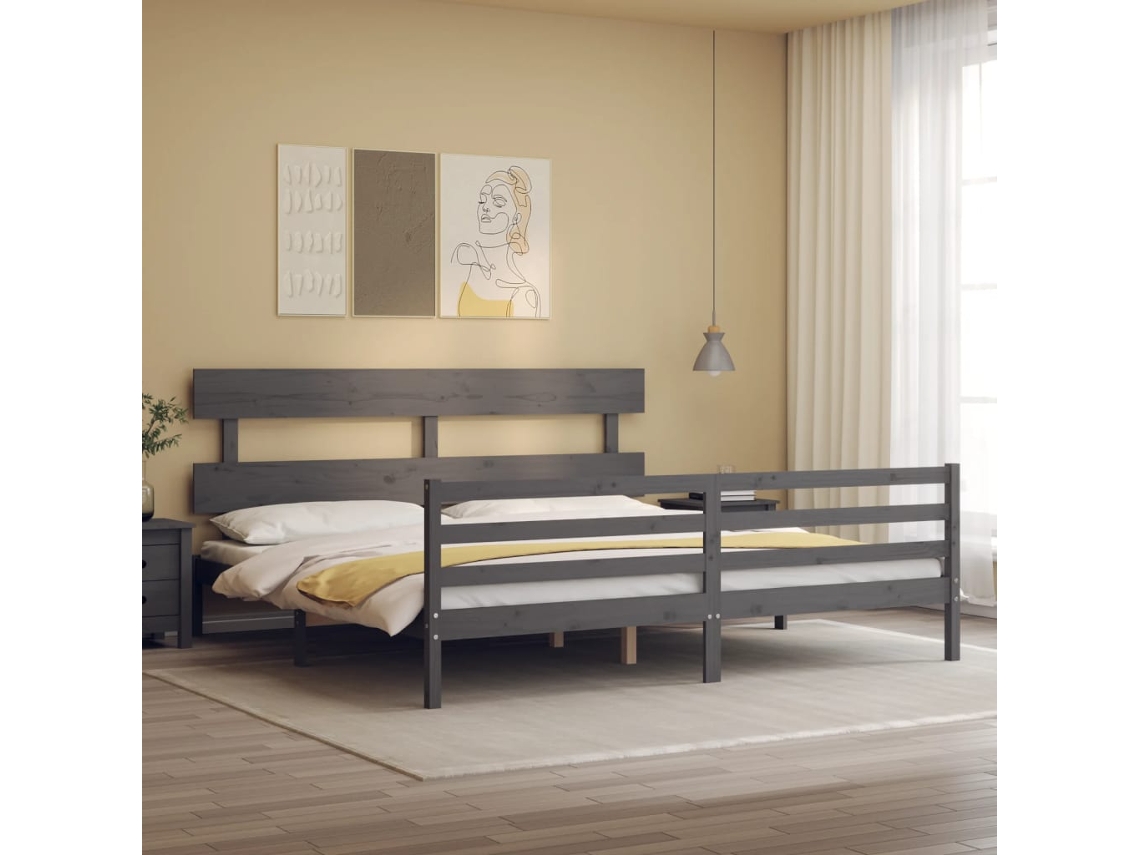 Estrutura De Cama Com Cabeceira 200x200 Cm Madeira Maciça Cinza