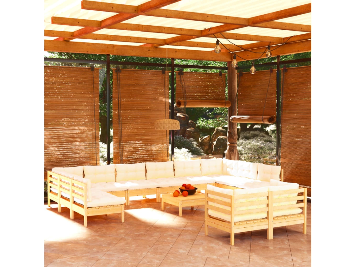 Vidaxl 13 Pcs Conjunto Lounge Jardim C/ Almofadões Cor Creme Pinho