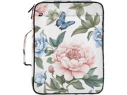 Pasta Expansível Com Estampa De Peônias Rosa E Azul, 3 Argolas E 7 Bolsos Sanfonados, Ideal Escola, Escritório E