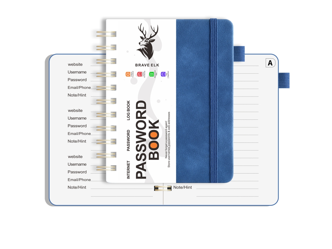 B6 Password Spiral Notebook With Index Pages, Faux Leather Address Book, Royal Blue