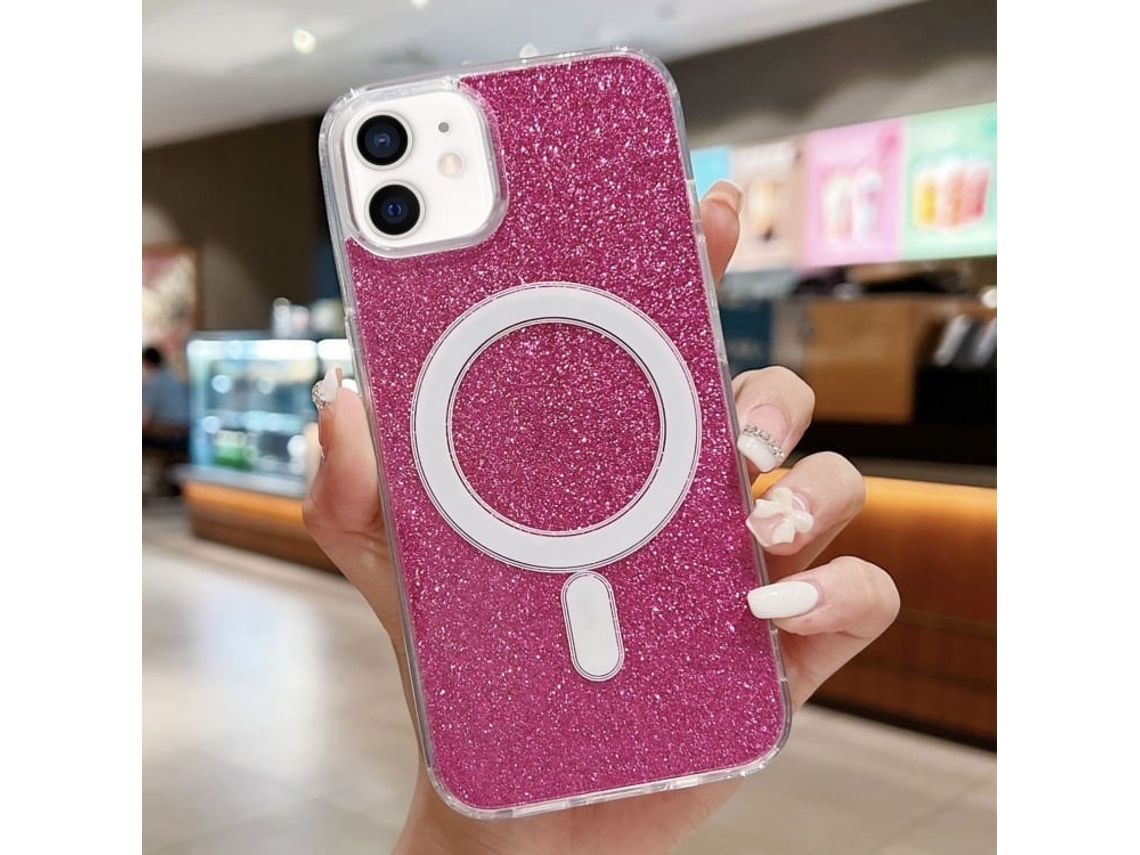 Capa Transparente Com Glitter Para Iphone 11 - Acrílico - Magsafe - Vermelho Rosado