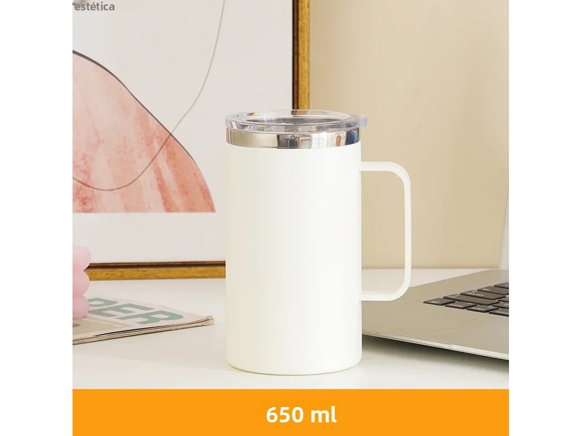 Caneca de Café em Aço Inoxidável 304 , 650 Ml, com Alça e Tampa, Garrafa de Água com Isolamento de Parede Dupla. MDUG (branca)