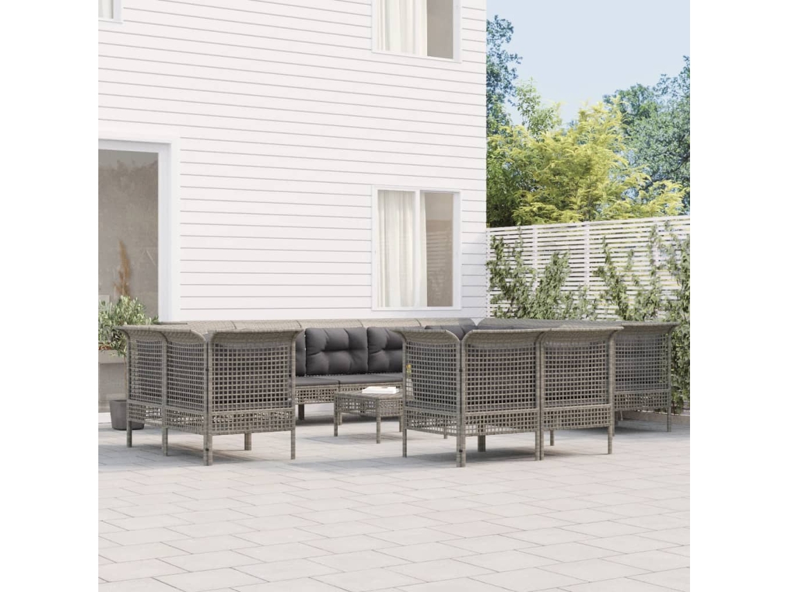 13 Pcs Conjunto Lounge De Jardim C/ Almofadões Vime Pe Cinzento Dkd Home Decor