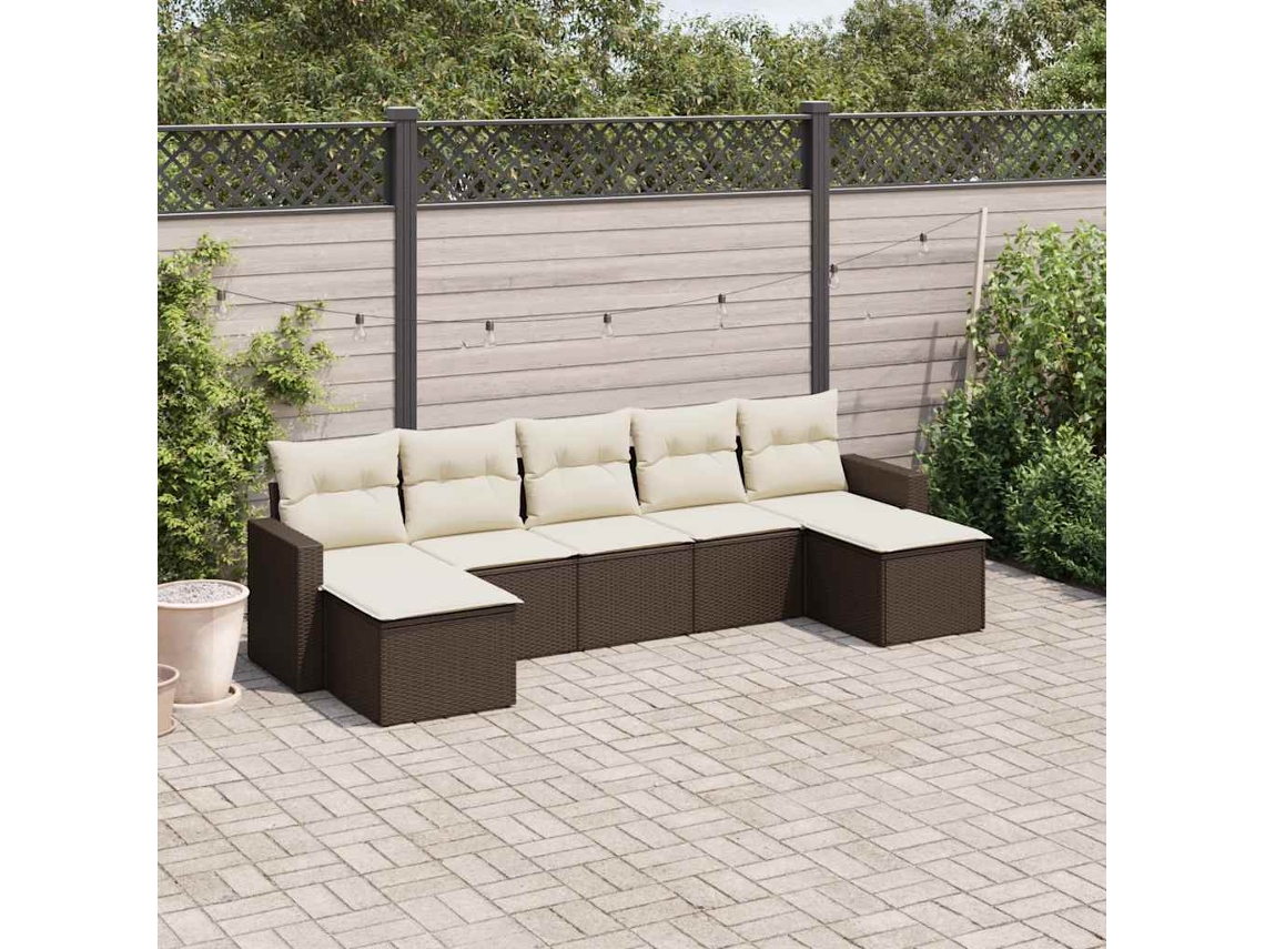 Vidaxl 7 Pcs Conjunto De Sofás Jardim C/ Almofadões Vime Pe Castanho