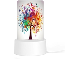 Luminária noturna LED de acrílico, plug and play, com base de plástico, árvore colorida com estampa de borboleta.