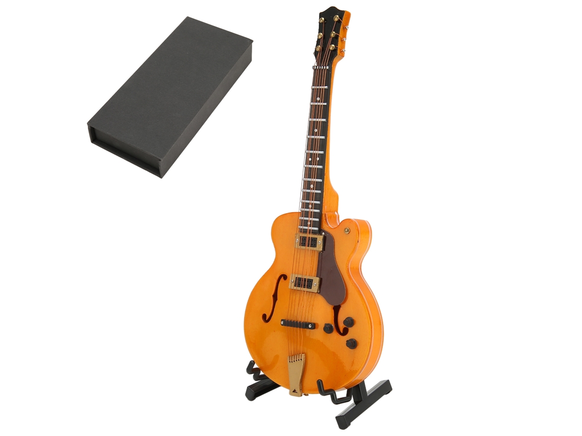 Guitarra Eléctrica Miniatura De Madeira Ouro Oco Com Suporte