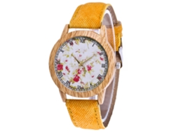 Relógio de Pulso Feminino de Quartzo com Padrão Floral e Pulseira de Jean Amarelo