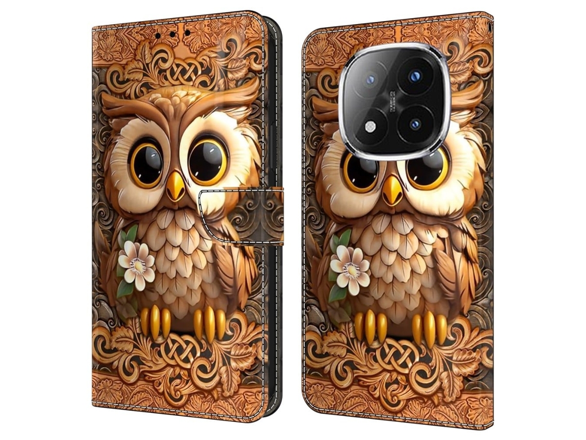 Capa Para Xiaomi Redmi Note 14 Pro 5g Com Compartimento Para Cartão, Estampa Em Couro Pu Flexível, Coruja Vermelha
