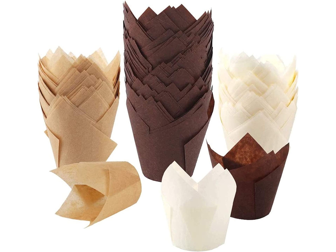 150 Forminhas De Tulipa Para Cupcake, Suportes Para Forminhas De Muffin, Embalagem Rústica Para Cupcake, Marrom, Branco E Cores Naturais Zeuxo