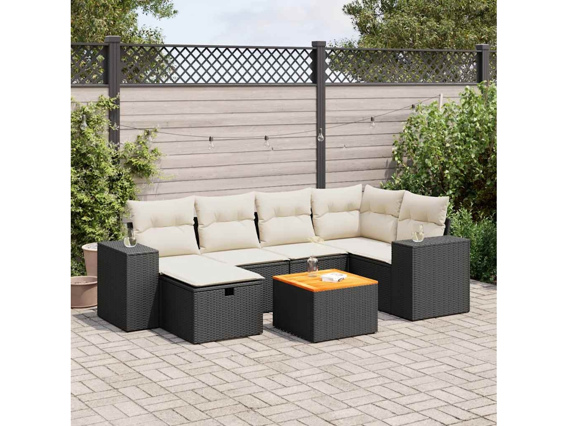 Vidaxl 7 Pcs Conjunto De Sofás P/ Jardim C/ Almofadões Vime Pe Preto