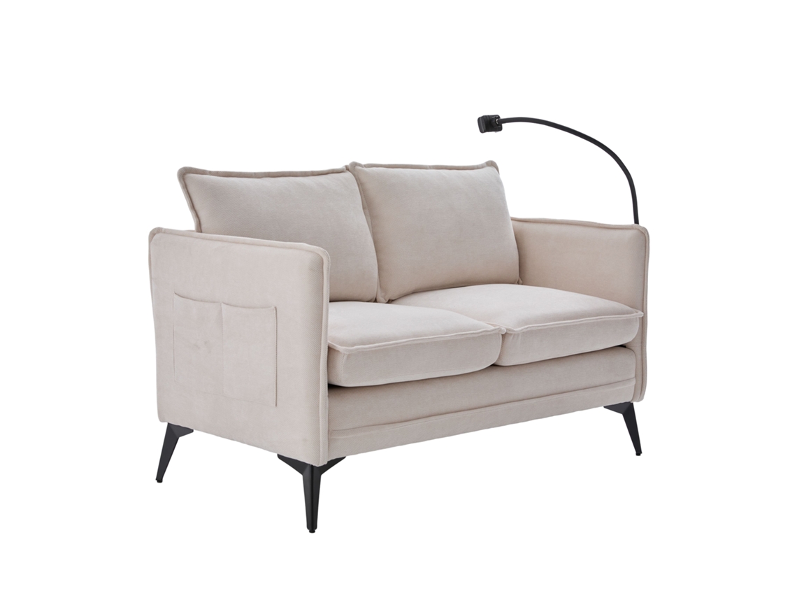 Sofá moderno de dois lugares com braços e bolsos laterais, ideal para sala de estar, quarto e varanda, em chenille bege.