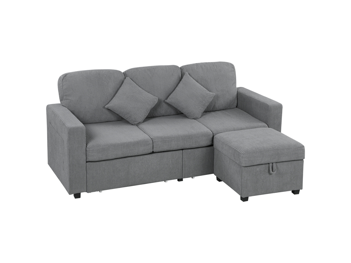 Sofá 3 Lugares Modular Com Pufe Arrumação Em Veludo Canelado, 196x139x85cm, Cinza Claro