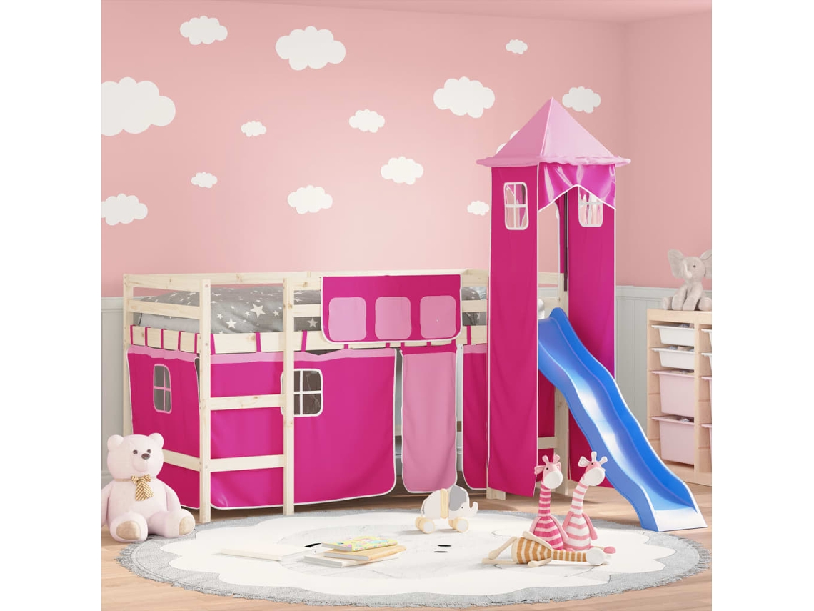 Vidaxl Cortinas Para Cama Elevada Com Torre Poliéster Rosa