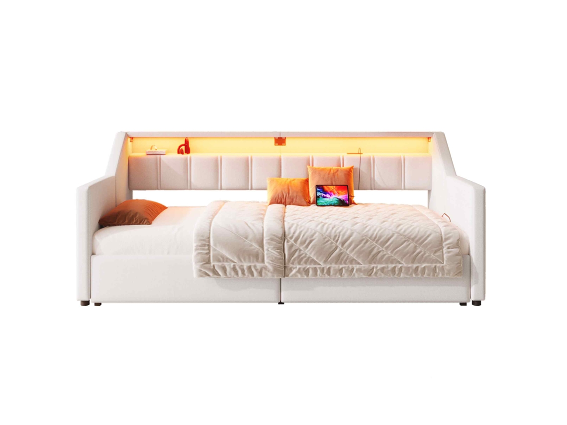 Sofá cama Multifuncional 90x200 Cm com Usb, tipo c, led, 2 Gavetas e Bolsos de Armazenamento, bege Sem Colchão PAPRIKA